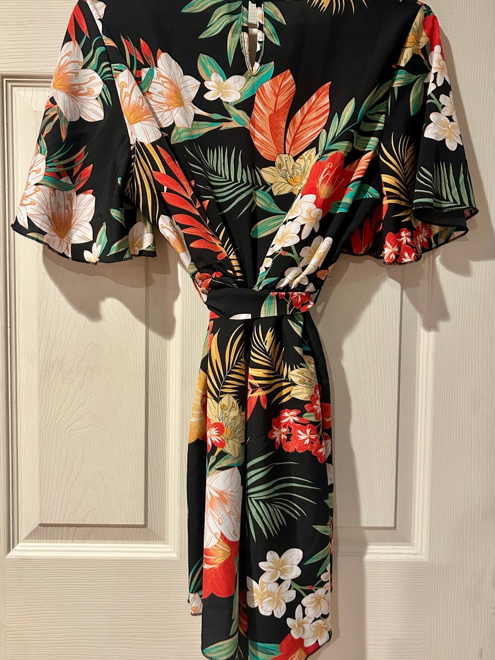 SHEIN Black Tropical Floral Wrap Romper with Red & Green Accents - Picture 3 of 4